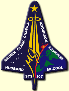 This is the official logo, or emblem, of the tragic Space Shuttle Columbia mission during which seven astronauts recently lost their lives. It contains a number of esoteric symbols and messages, including representations of a phallic obelisk passing through a feminine circle shooting a star upward toward the heavens. Also, note the Israeli six-pointed star flag (but no U.S. flag), and the geographic nations map overseen by a sun symbol.